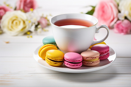 Colorful macarons with cup of tea on wooden background, a Food & Drink Photo by AlyaAnd