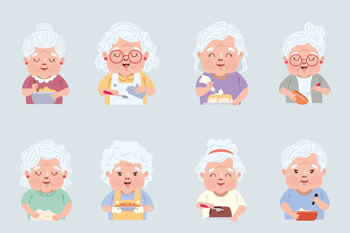 Cute Grandmas Cooking Vector Set
