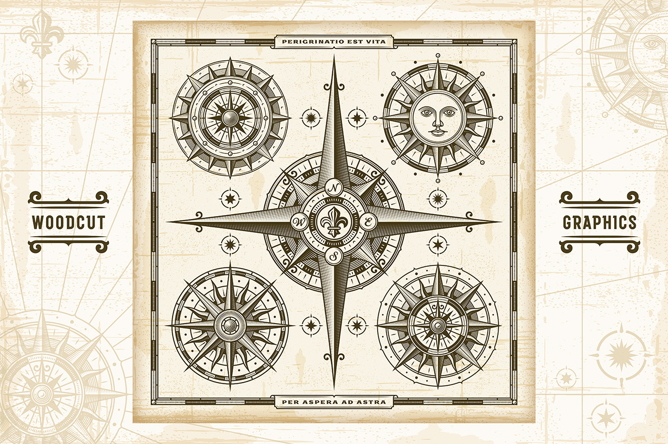 Vintage Compass Roses Set, a Texture Illustration by Retro Graphics
