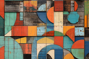 A Vibrant Abstract Wooden Wall Art Featuring A Mix Of Colorful Geometric Shapes