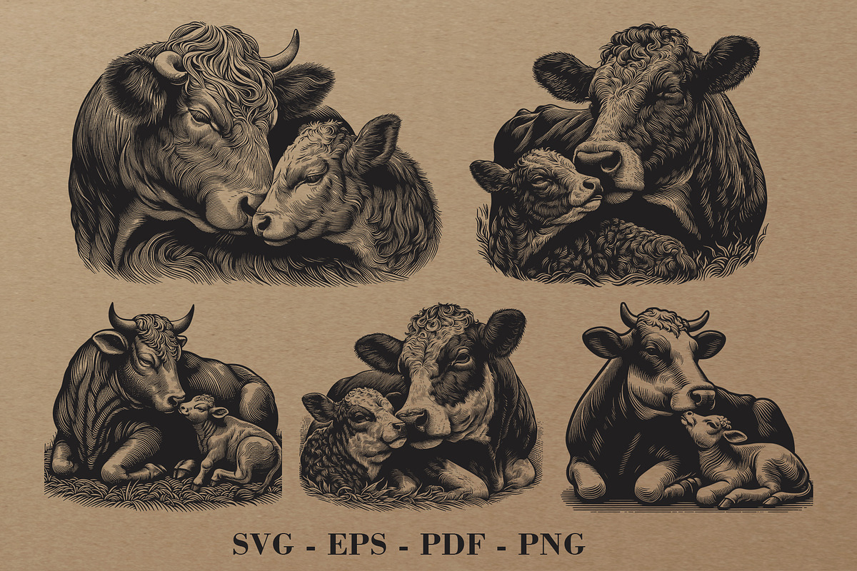 Cow and Calf, Nuzzling Cow, an Illustration by DevantCreate