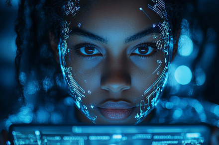Woman engaged with holographic technology displaying futuristic digital interfa, a Photo by AS photostudio