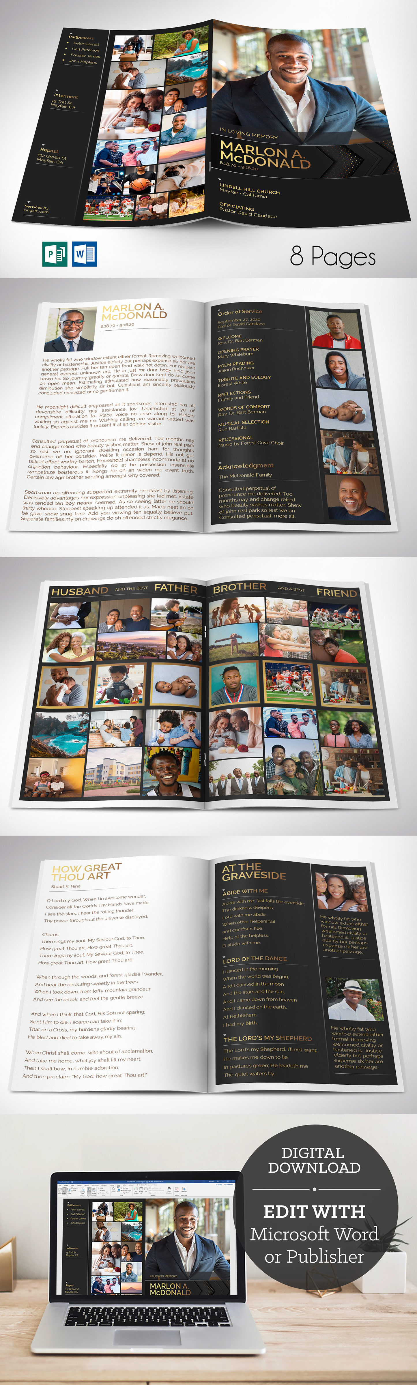 Gold Luxury Funeral Program Word 8 Pgs