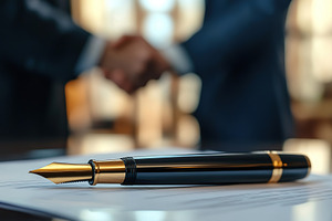 White paper document with fountain pen against businessmen shaki, a Business Photo by AlyaAnd