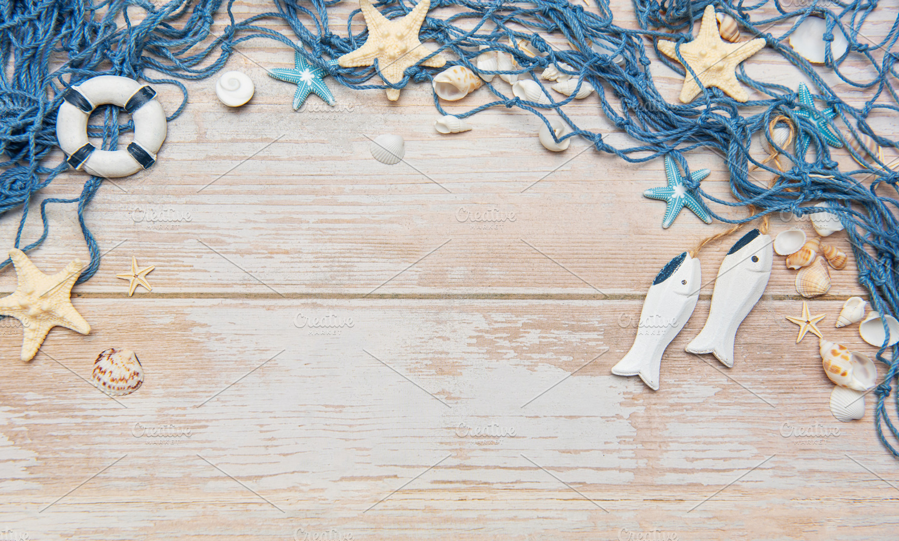 Fishing net, seashells, starfishes and fishes on rustic white wo, a Holiday Photo by Olena Rudo