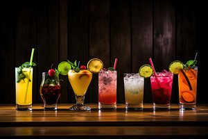 Different alcohol cocktails on wooden background, a Food & Drink Photo by AlyaAnd