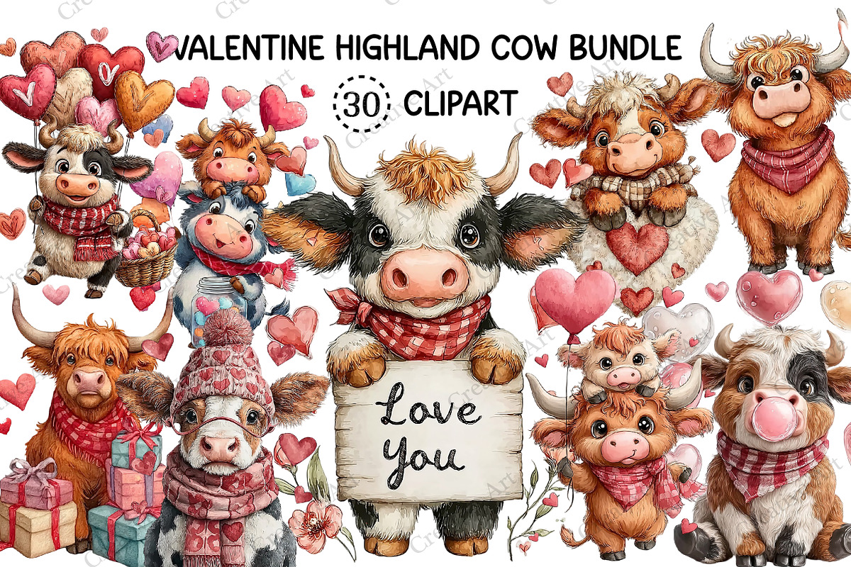 Valentine Highland Cow Clipart, an Illustration by Creative Art (Photo 1 of 9)