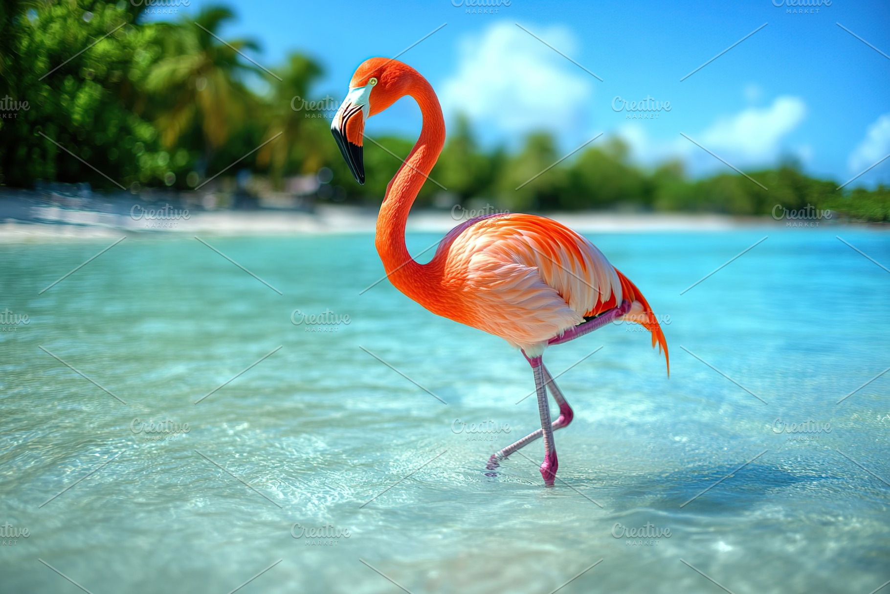 Flamingo standing in clear water with sunlights on blurred background, an Animal Photo by AlyaAnd