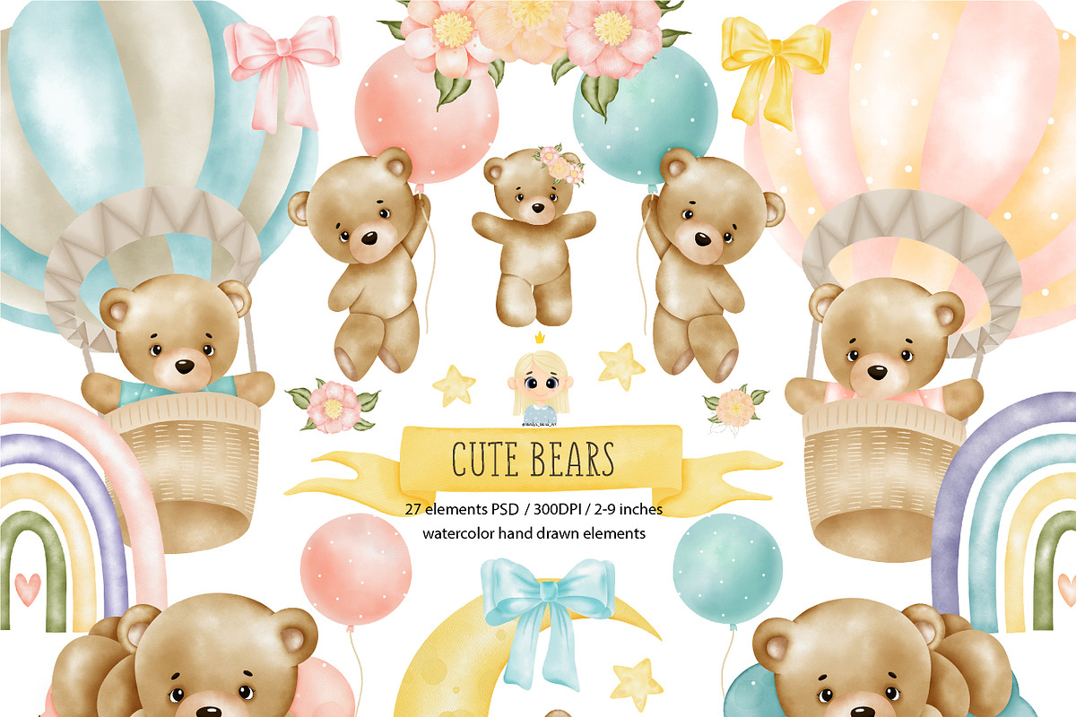 Watercolor bear clipart. Baby bears, an Animal Illustration by Natalya_Mona_Art (Photo 1 of 10)