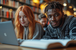 A young Caucasian woman and a young Black man smile at the camera while studyin, a Person Photo by ImageMir