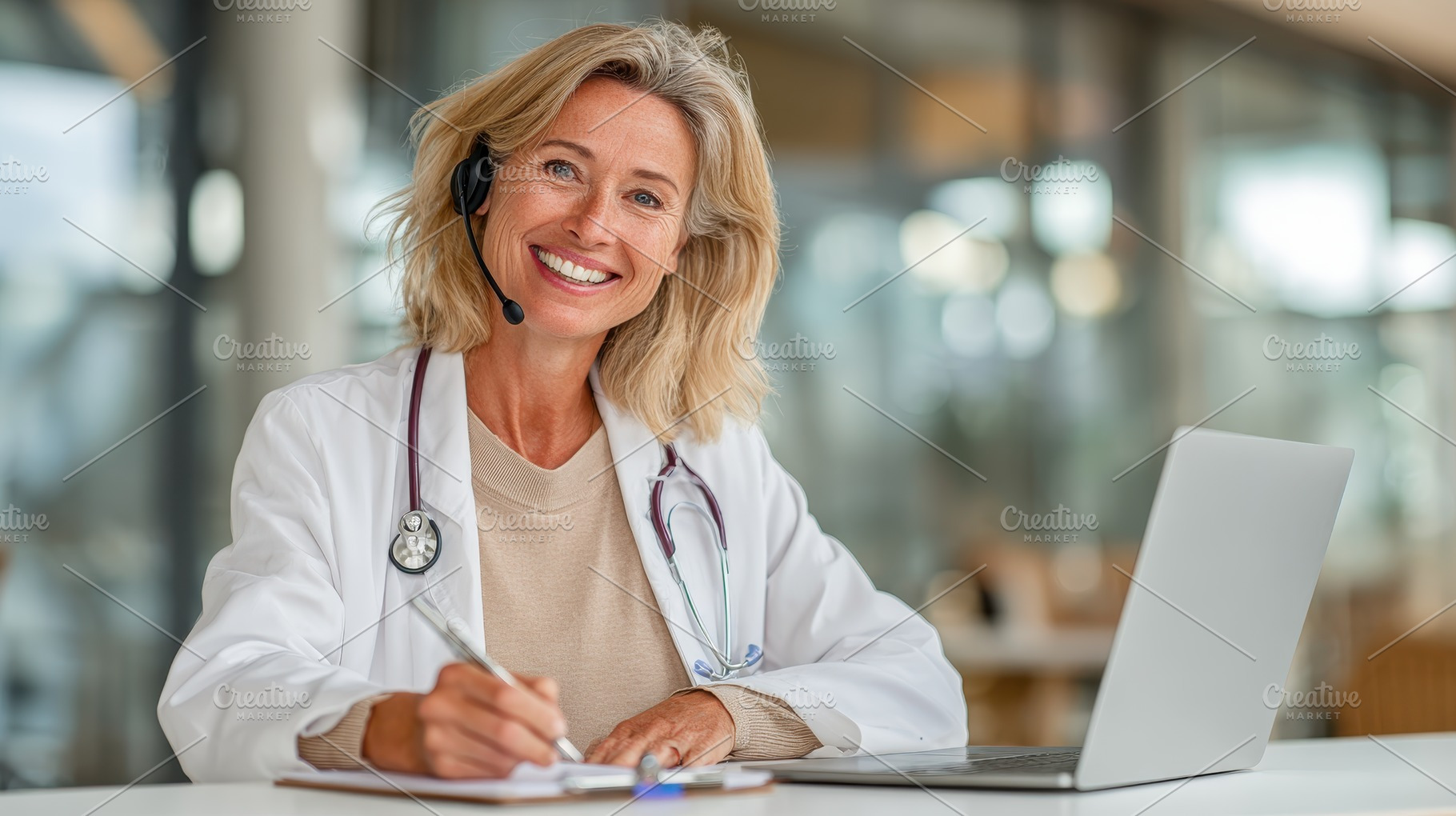 Smiling female doctor telehealth con, a Photo by Pixeness Studio