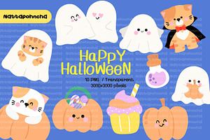 Cute Halloween Cat and Ghost Clipart, an Illustration by Nattapohncha