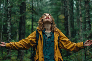 Woman enjoys rain in forest wearing, a Photo by Pixeness Studio