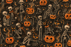 Dark vintage Halloween pattern with human and cat skeletons, ora