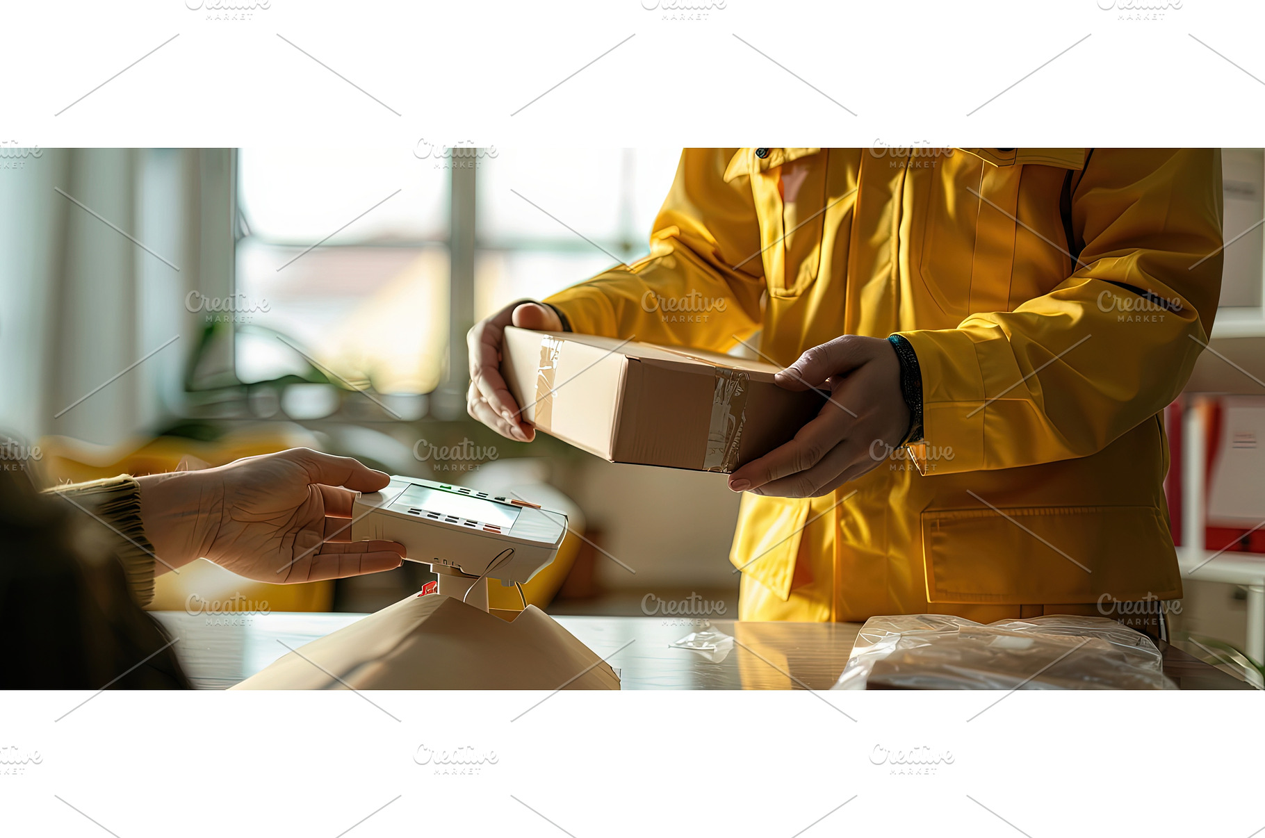 Courier in Yellow Jacket Accepting, a Business Photo by piter.goskov