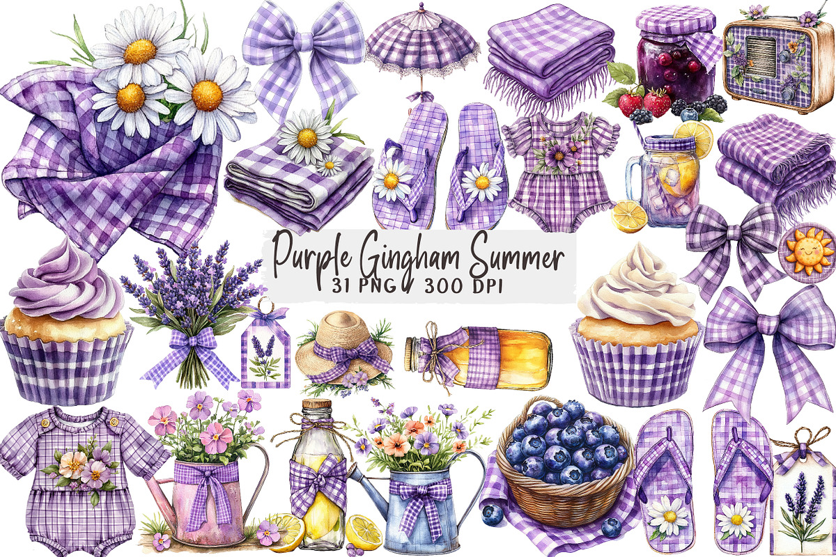 Purple Gingham Summer Clipart, an Illustration by DreamArtGraphic (Photo 1 of 4)