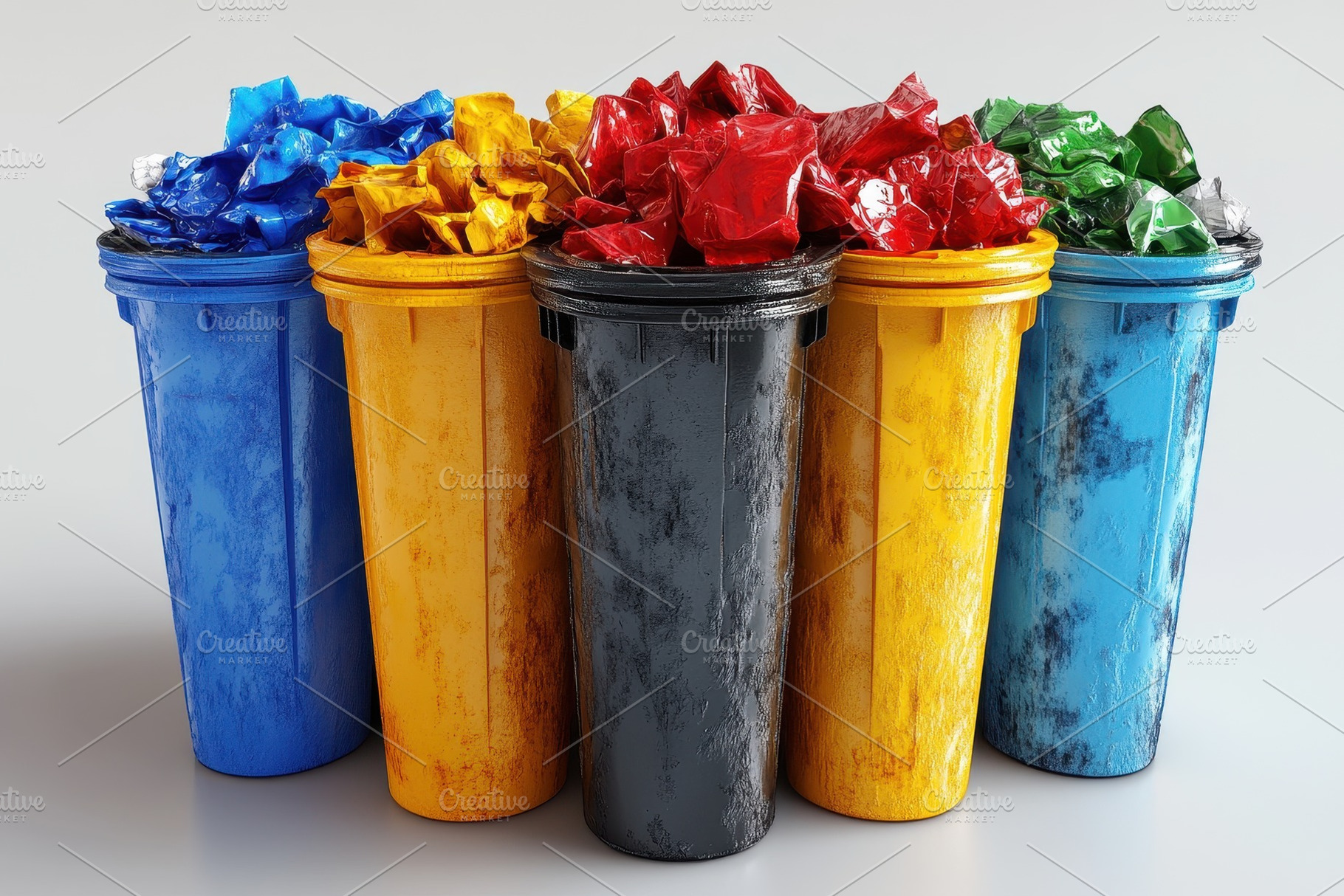 Colorful recycling bins arranged in, a Photo by Tanuart