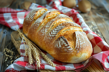 Freshly baked bread with red napkin on wooden table, a Food & Drink Photo by AlyaAnd