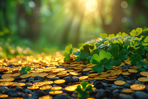 A serene scene featuring vibrant green clovers and gleaming gold coins illumina, a Business Photo by ImageMir