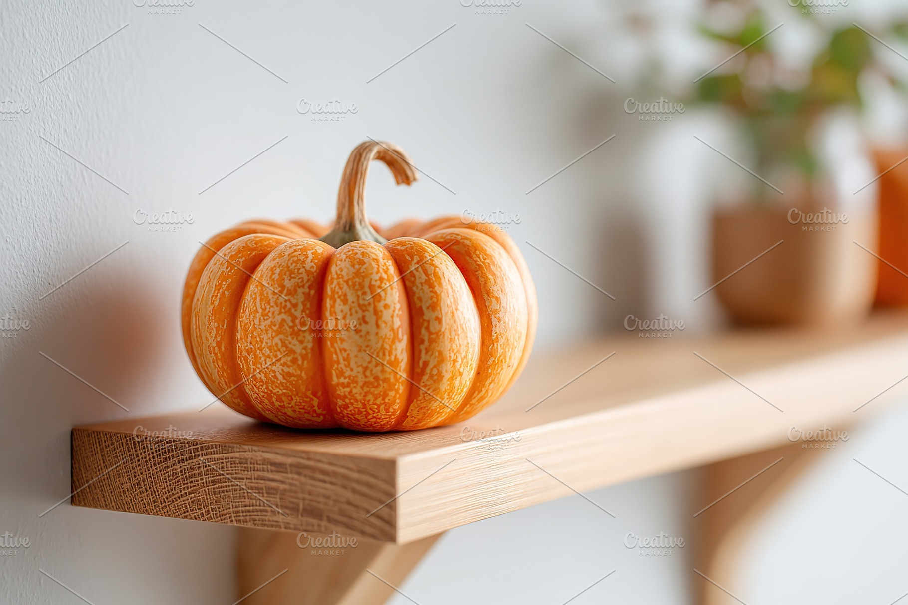 Decorative orange pumpkin resting on a wooden shelf in a cozy interior setting, a Photo by AlyaAnd