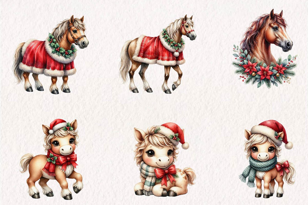 Watercolor Christmas Horse Clipart, a Seasonal Illustration by CreationArt (Photo 2 of 7)