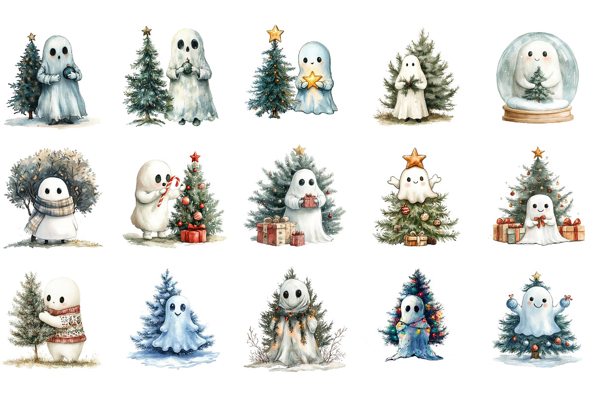 Cute Christmas Holiday Ghosts PNG, an Illustration by Designking (Photo 2 of 5)