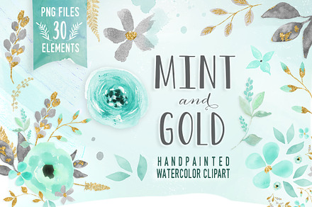 Mint & Gold -  flower clipart