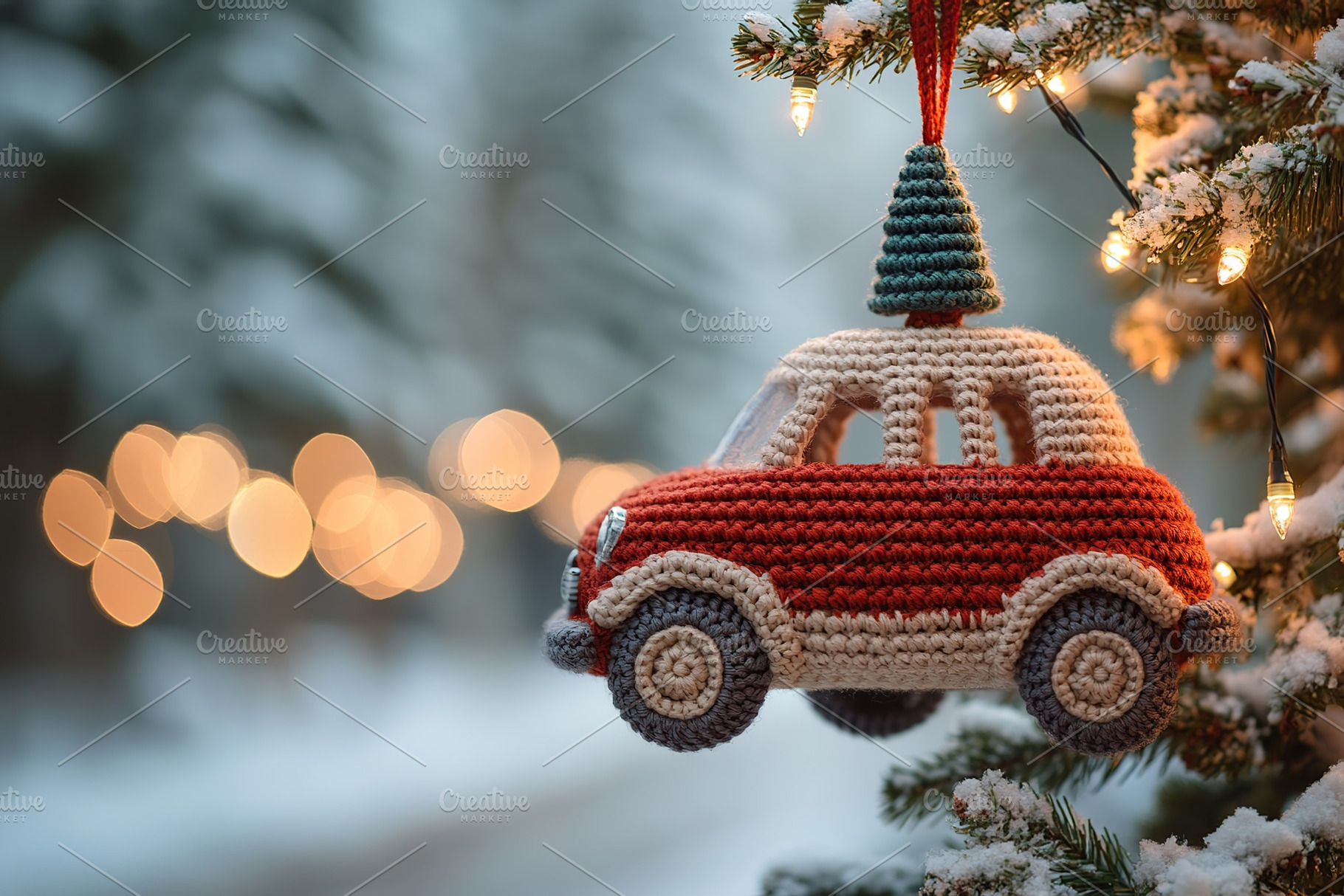 Knitted christmas red car toy hanging on fir tree. New Year 2025, a Holiday Photo by AlyaAnd