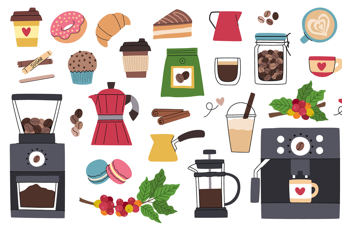 Cartoon coffee set., an Illustration by Barsuk's Shop