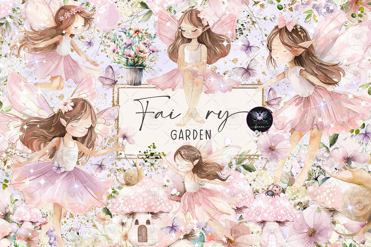 Fairy Garden Watercolor Clipart, an Illustration by BigCakeBee (Photo 1 of 4)