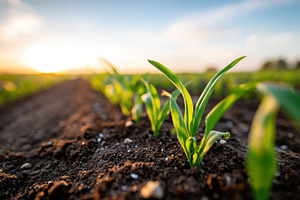 Corn seedlings in furrows at sunrise, a Nature Photo by AlyaAnd