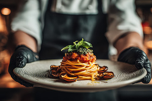 Chef presenting delicious pasta dish, a Photo by Pixeness Studio