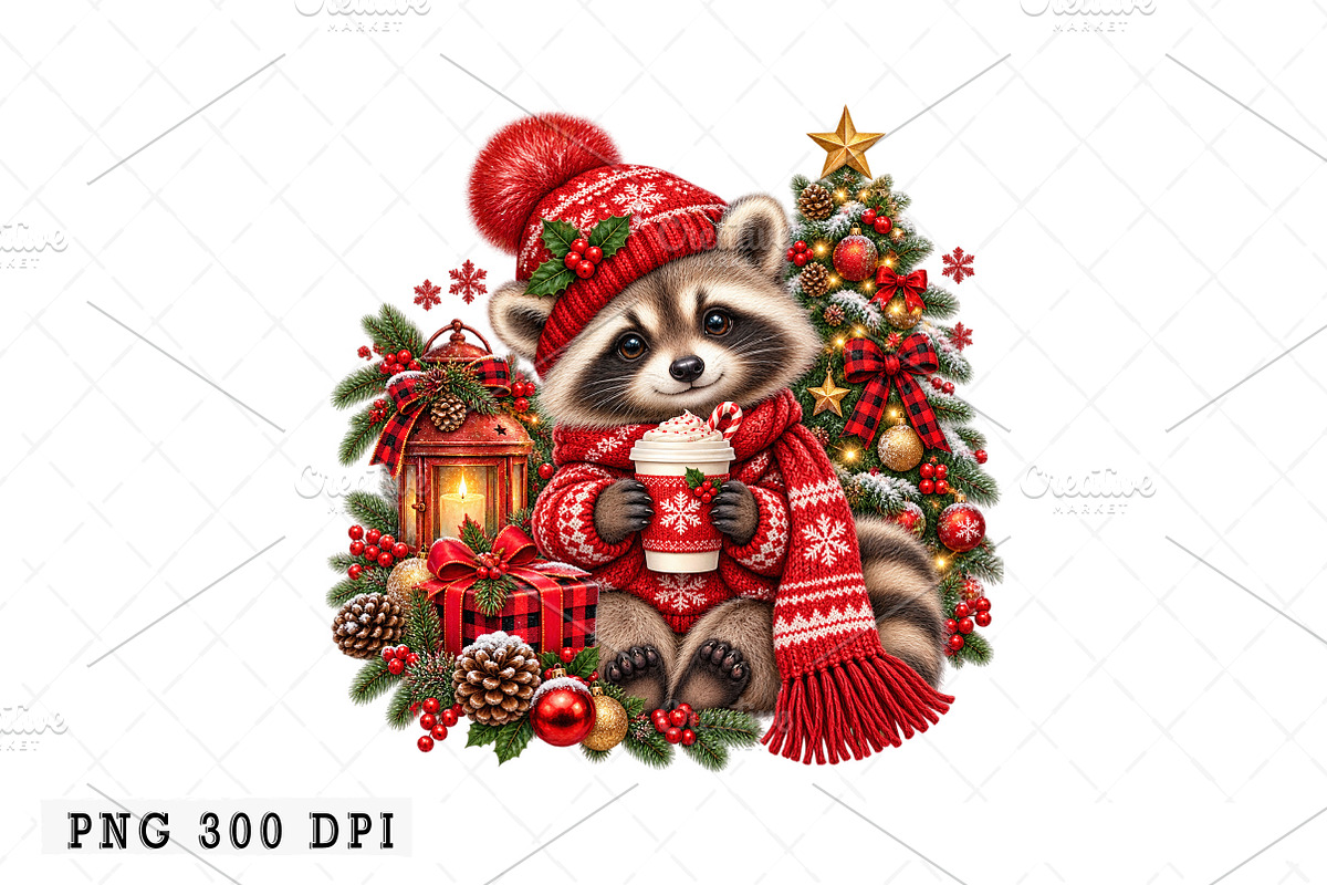 Christmas Raccoon PNG, a Seasonal Illustration by Watercolor design (Photo 1 of 3)