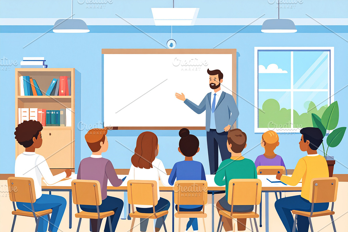 Diverse group of students listening to a teacher at classroom., an Education Illustration by DanFLCreativo