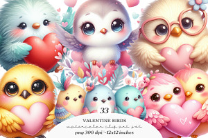 Whimsical Valentine Birds Clipart, an Illustration by SinaCreation