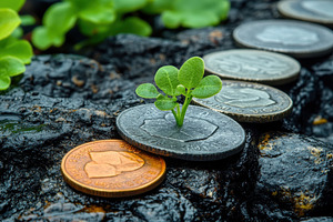Small green plant growing between di, a Photo by Tanuart