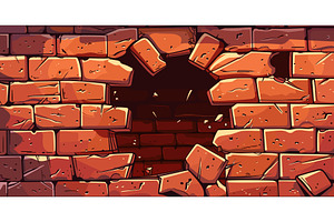 Cartoon Brickwall Hole. Broken Brick