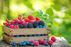 Fresh ripe berries in wooden crate on blurred green background, a Food & Drink Photo by AlyaAnd