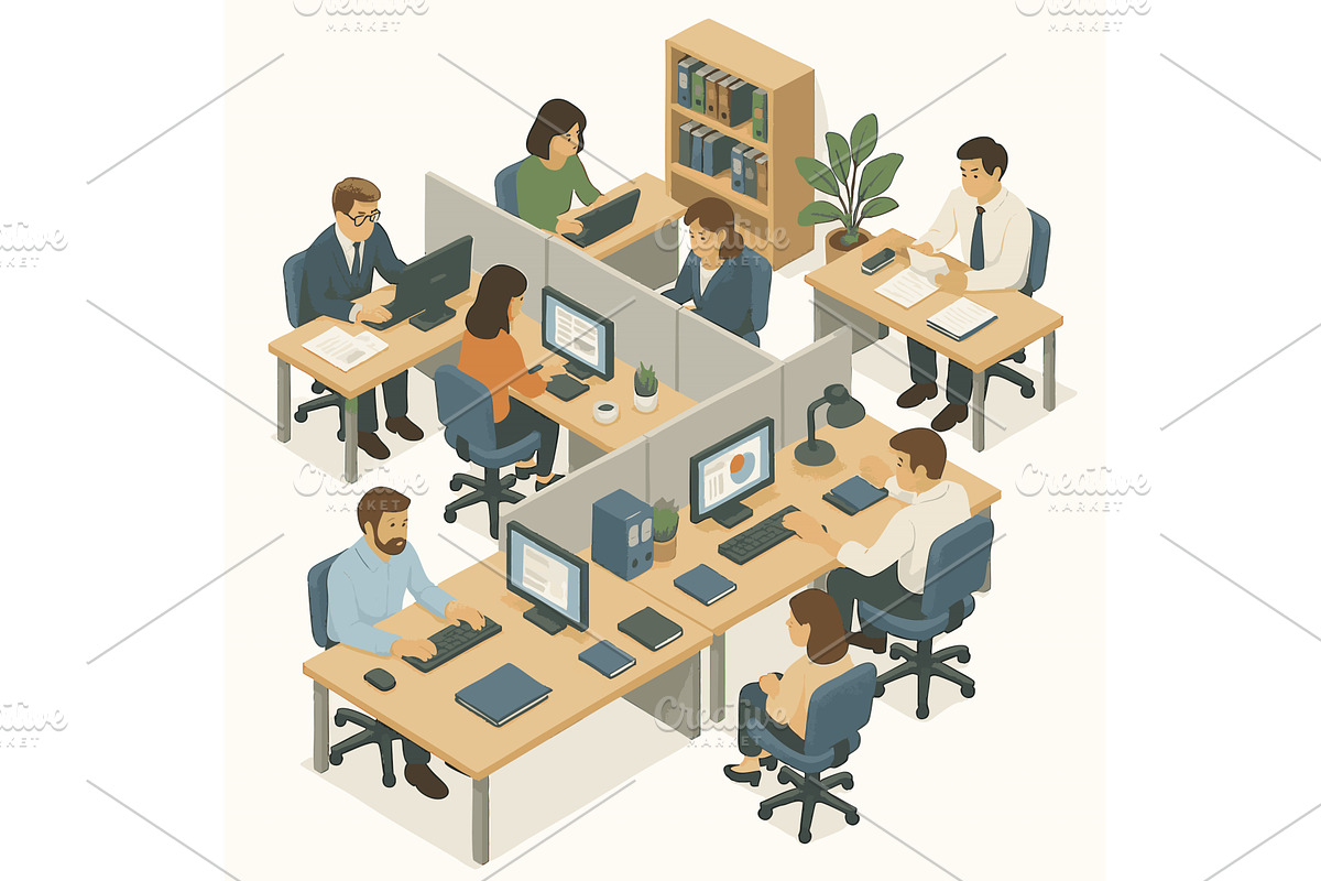 busy modern office workspace vector, a Person Illustration by AlexArt