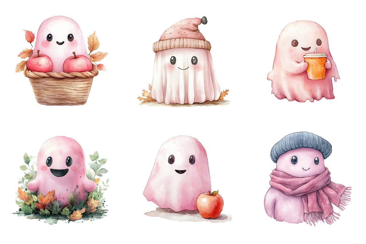 Watercolor Cute Pink Ghost Clipart, an Illustration by SinaCreation (Photo 4 of 5)
