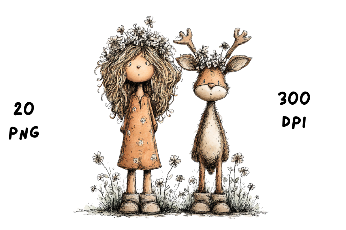 Whimsical Floral Girl & Deer Clipart, an Animal Illustration by GiraffeCreative (Photo 4 of 20)