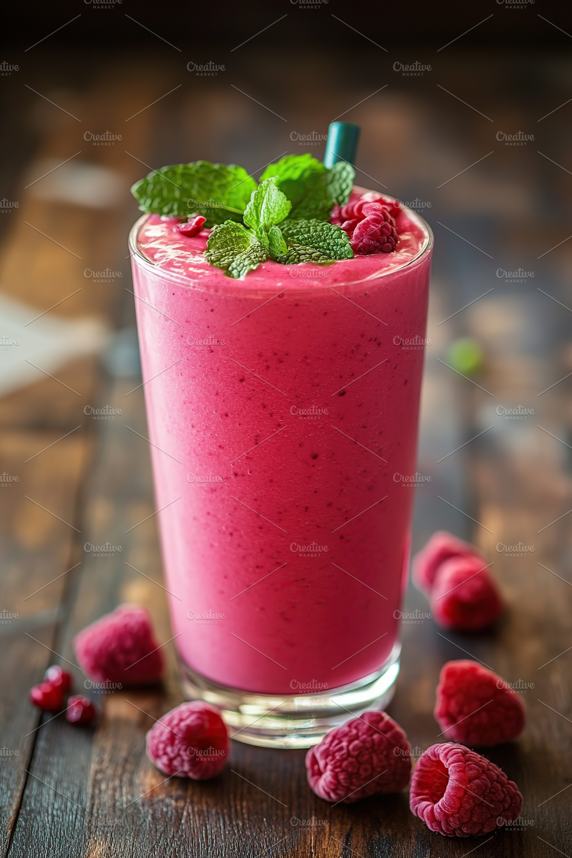 Healthy detox pink drink with fresh raspberries and mint on a wooden table, a Food & Drink Photo by AlyaAnd