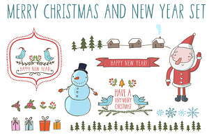 New Year set in funny cartoon style