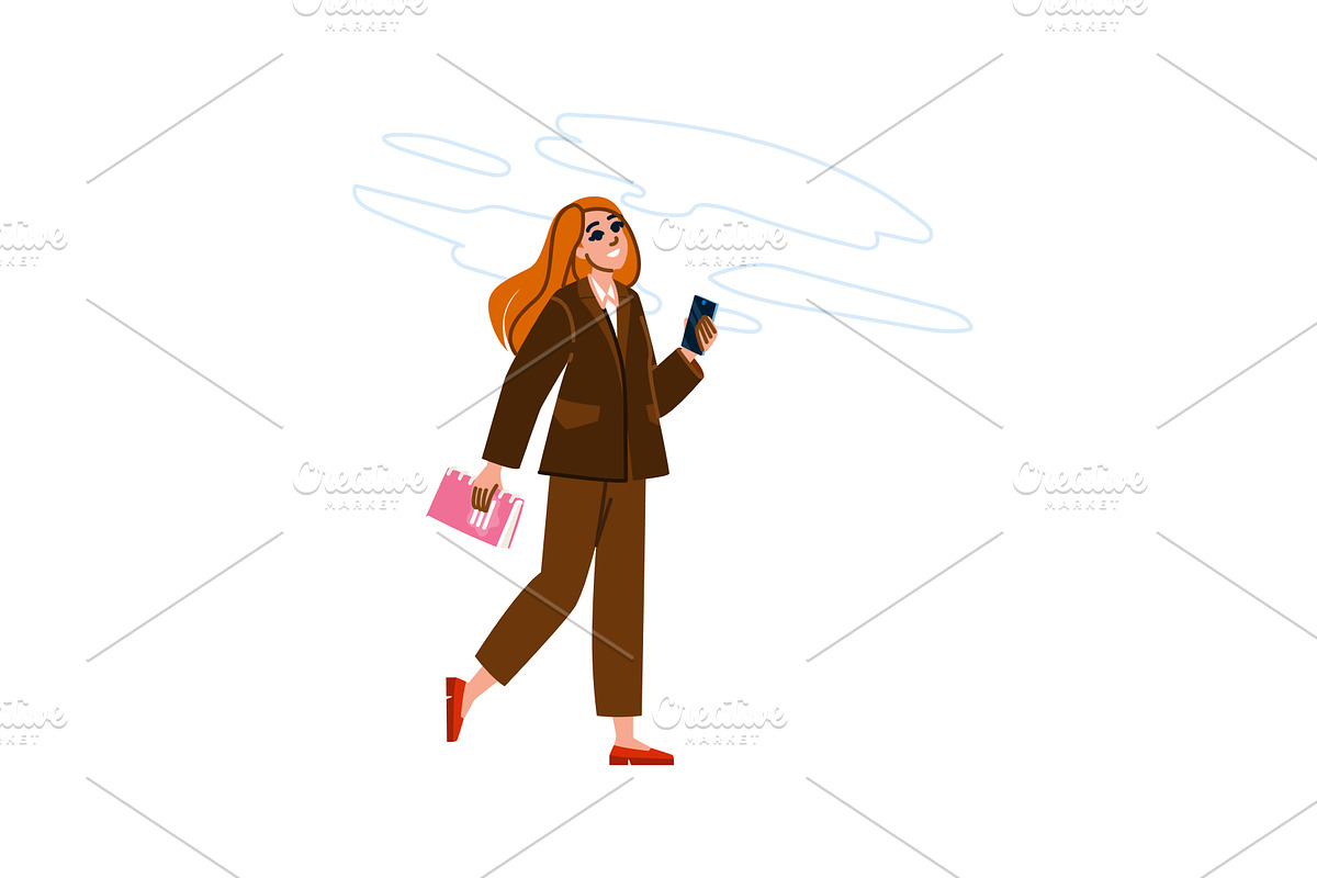 Businesswoman walking and using, a Person Illustration by pikepicture