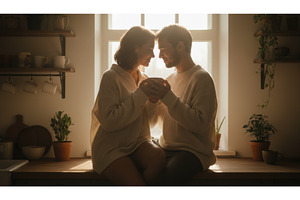 Couple sitting on kitchen counter in, a Person Photo by Igor Tichonow