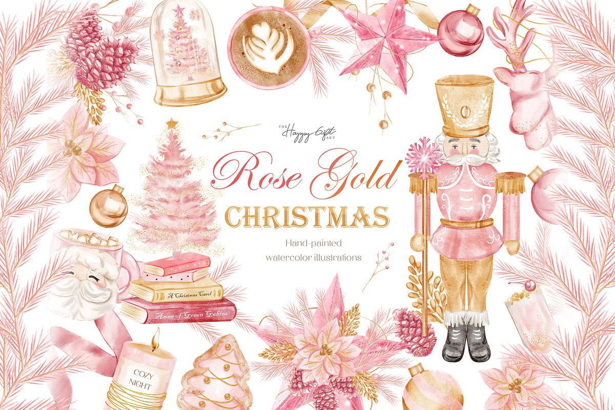 Rose Gold Christmas Cliparts, an Illustration by TheHappyGiftArt (Photo 1 of 7)