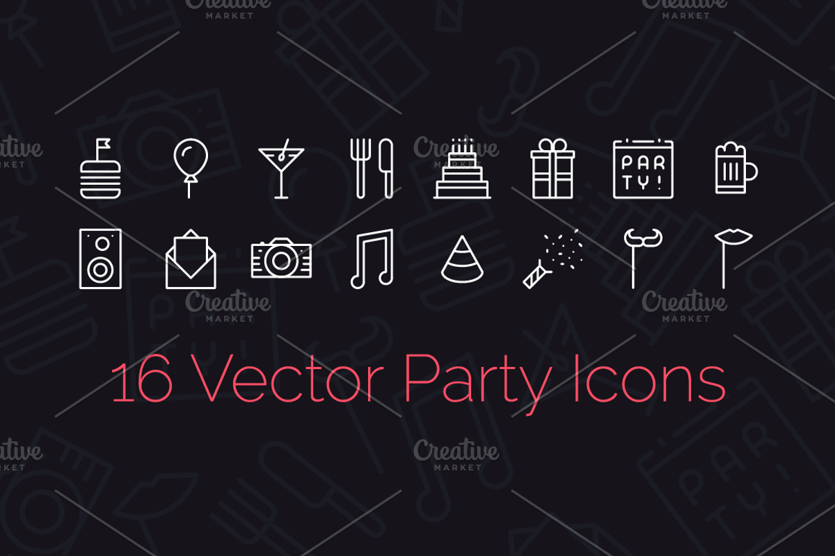 16 Party Icons + Seamless Pattern, an Outline Icon by chewkotski (Photo 1 of 6)