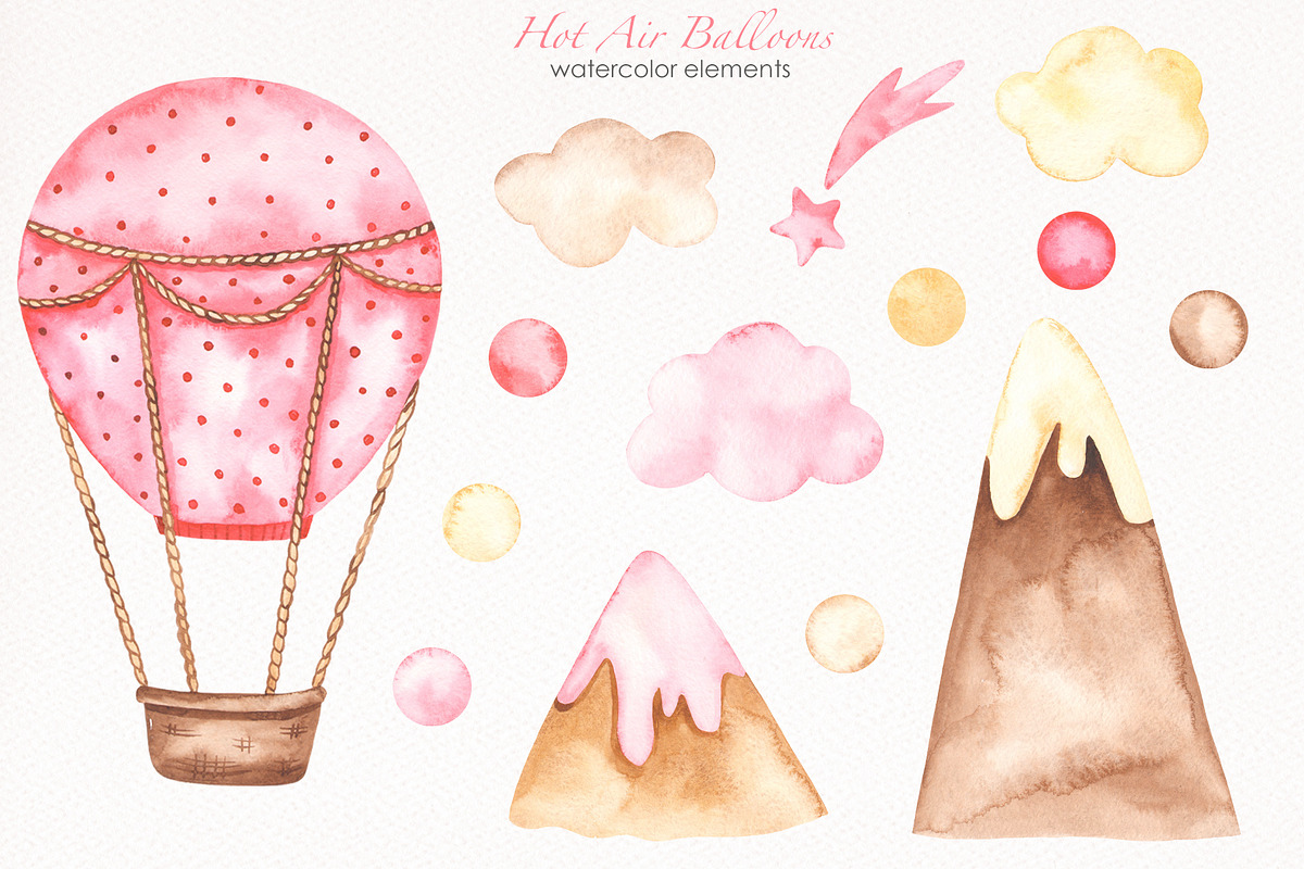 Hot air balloon pink watercolor, a Transportation Illustration by Marina Ermakova (Photo 3 of 9)