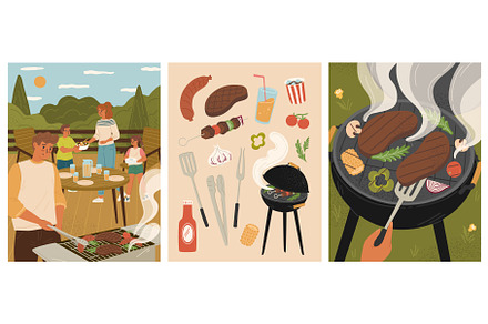 Barbeque party scene set with happy, an Illustration by vectorpointstudio