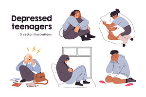 Depressed teenagers. Sad teens set, a Person Illustration by Good Studio